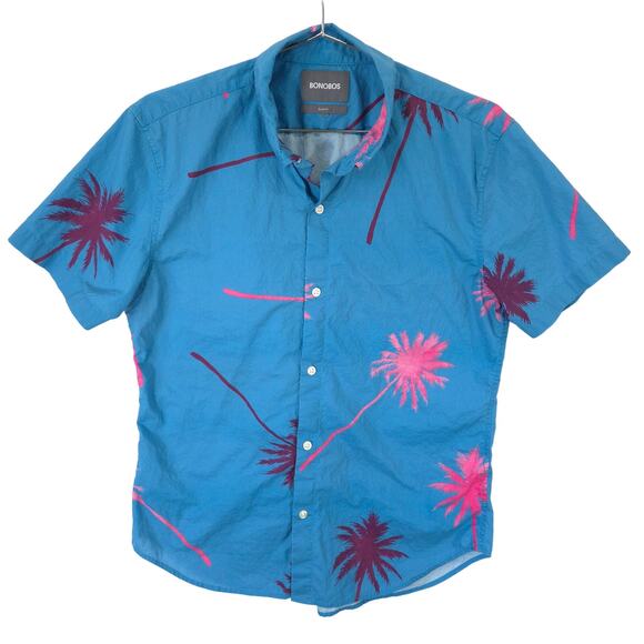 Bonobos Shirt Mens M Blue Hawaiian Palm Tree All Over Button Down Short Sleeve - Picture 1 of 9